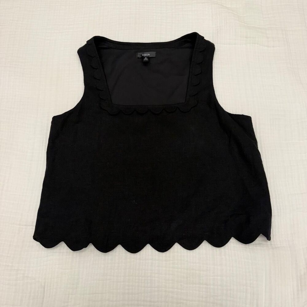 aqua black linen blend scalloped tank top